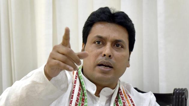 Tripura chief minister Biplab Kumar Deb interacting with the media in New Delhi on Tuesday. (Sushil Kumar/HT Photo) Tripura chief minister Biplab Kumar Deb interacting with the media in New Delhi on Tuesday. (Sushil Kumar/HT Photo)