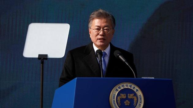 South Korean President Moon Jae-in delivers a speech at Seodaemun Prison History Hall in Seoul, South Korea on March 1.(REUTERS)