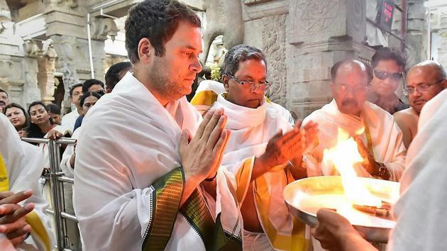 Congress president Rahul Gandhi offer prayers at Sharadamba Temple, Sringeri Mutt, during his visit to Chikmagalur in Karnataka on Wednesday. (PTI File Photo) Congress president Rahul Gandhi offer prayers at Sharadamba Temple, Sringeri Mutt, during his visit to Chikmagalur in Karnataka on Wednesday. (PTI File Photo)