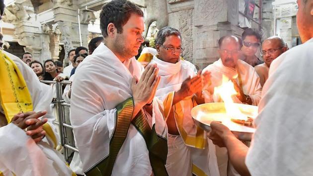 Congress President Rahul Gandhi offers prayers at Sharadamba Temple during his visit to Chikmagalur, Karnataka on Wednesday. He also interacted with the students of the Rajiv Gandhi Sanskrit University in Sringeri Mutt. “Continuing our #JanaAashirwadaYatre, today I will be addressing public meetings in Chikkamagaluru and Hassan. I will also visit the Sringeri Mutt and the Rajiv Gandhi Sanskrit University,” Rahul Gandhi tweeted earlier in the day. (PTI) Congress President Rahul Gandhi offers prayers at Sharadamba Temple during his visit to Chikmagalur, Karnataka on Wednesday. He also interacted with the students of the Rajiv Gandhi Sanskrit University in Sringeri Mutt. “Continuing our #JanaAashirwadaYatre, today I will be addressing public meetings in Chikkamagaluru and Hassan. I will also visit the Sringeri Mutt and the Rajiv Gandhi Sanskrit University,” Rahul Gandhi tweeted earlier in the day. (PTI)