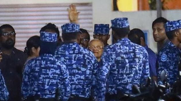 Policemen arrest former Maldives president and opposition leader Maumoon Abdul Gayoom, centre, after the government declared a 15-day state of emergency in Male, Maldives, in Feb, 2018.(AP File Photo) Policemen arrest former Maldives president and opposition leader Maumoon Abdul Gayoom, centre, after the government declared a 15-day state of emergency in Male, Maldives, in Feb, 2018.(AP File Photo)
