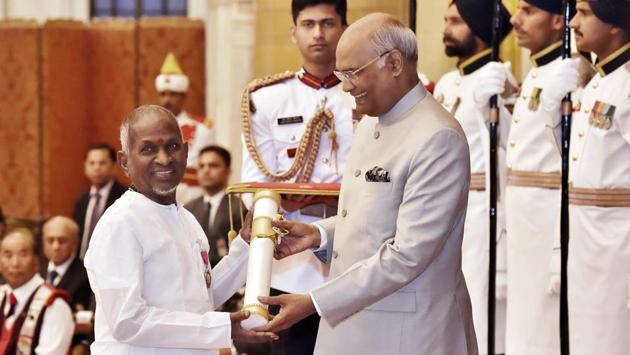 President Ram Nath Kovind presents Padma Vibhushan award to noted music composer Ilaiyaraaja at Rashtrapati Bhawan. Keeping its promise of honouring “unsung heroes”, the government this year honoured with Padma awards several personalities who served the poor, set up free schools and popularised tribal arts globally. (Ajay Aggarwal / HT Photo) President Ram Nath Kovind presents Padma Vibhushan award to noted music composer Ilaiyaraaja at Rashtrapati Bhawan. Keeping its promise of honouring “unsung heroes”, the government this year honoured with Padma awards several personalities who served the poor, set up free schools and popularised tribal arts globally. (Ajay Aggarwal / HT Photo)