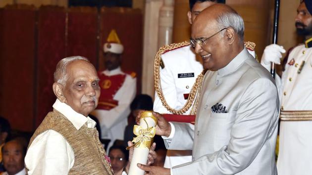 P. Parameswaran, thinker and an erudite writer being conferred with Padma Vibhusan at Rashtrapati Bhawan. (Ajay Aggarwal / HT Photo) P. Parameswaran, thinker and an erudite writer being conferred with Padma Vibhusan at Rashtrapati Bhawan. (Ajay Aggarwal / HT Photo)