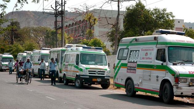 Ambulances stand parked near the health and family welfare department in Jhalana. (Prabhakar Sharma/HT Photo) Ambulances stand parked near the health and family welfare department in Jhalana. (Prabhakar Sharma/HT Photo)