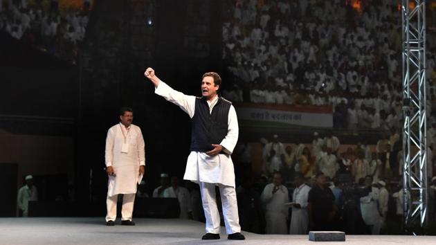 Congress Party President Rahul Gandhi addresses the Indian National Congress 84th Plenary Session at I G Stadium in New Delhi on Sunday. (Sonu Mehta / HT Photo) Congress Party President Rahul Gandhi addresses the Indian National Congress 84th Plenary Session at I G Stadium in New Delhi on Sunday. (Sonu Mehta / HT Photo)