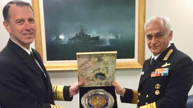 Indian Navy chief Admiral Sunil Lanba (R) with US chief of Naval Operations Admiral John Richardson. (Spokesperson Navy/Twitter) Indian Navy chief Admiral Sunil Lanba (R) with US chief of Naval Operations Admiral John Richardson. (Spokesperson Navy/Twitter)