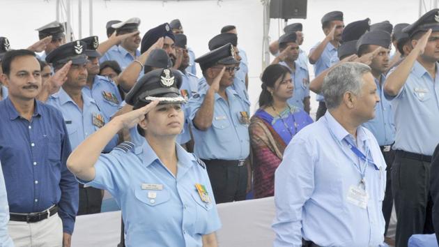 A woman officer along with others at the parade at Halwara Air Force Station in Ludhiana on Thursday. (Gurminder Singh/HT)