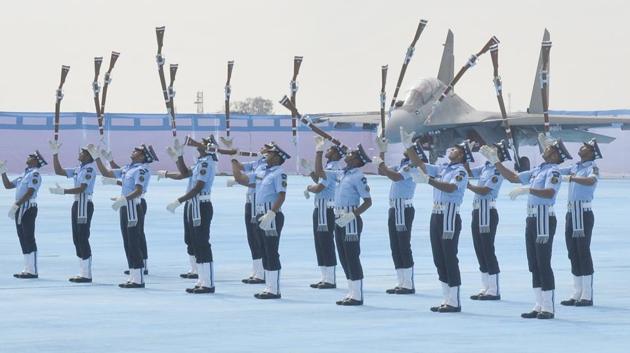 The Air Warrior Drill team that boasts of their unique synchronised drill movements with rifles, carrying live bayonets, is first of its kind among the military and para military forces of the country. (Gurminder Singh/HT)