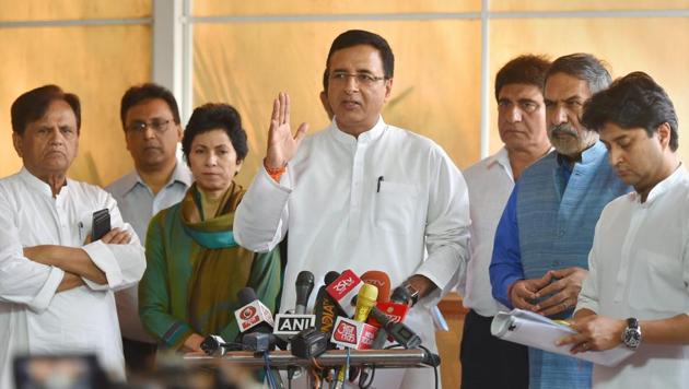 Congress leader Randeep Surjewala, Anand Sharma, Kumari Shelja, Jyotiradhitya Scindia, Ahmed Patel and Raj Babbar addressing media at Parliament house during the budget session of Parliament in New Delhi on Wednesday. (PTI) Congress leader Randeep Surjewala, Anand Sharma, Kumari Shelja, Jyotiradhitya Scindia, Ahmed Patel and Raj Babbar addressing media at Parliament house during the budget session of Parliament in New Delhi on Wednesday. (PTI)