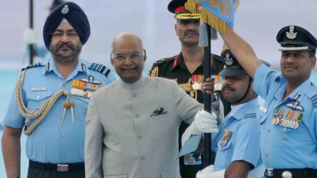 President Ram Nath Kovind at the Halwara air force station to award the President’s Standard to the Indian Air Force (IAF)’s 51 Squadron and Colours to the 230 Signal Unit in Ludhiana on Thursday. (HT Photo) President Ram Nath Kovind at the Halwara air force station to award the President’s Standard to the Indian Air Force (IAF)’s 51 Squadron and Colours to the 230 Signal Unit in Ludhiana on Thursday. (HT Photo)