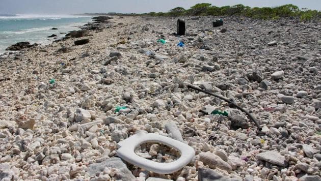 Plastic trash is seen strewn across a beach at Wake Island in the Pacific Ocean on February 2.(AFP Photo)
