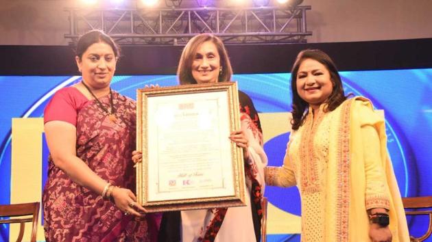 Union minister Smriti Irani (left) with Shobhana Bhartia (centre), the chairperson and editorial director of HT Media Limited. (HT Photo) Union minister Smriti Irani (left) with Shobhana Bhartia (centre), the chairperson and editorial director of HT Media Limited. (HT Photo)