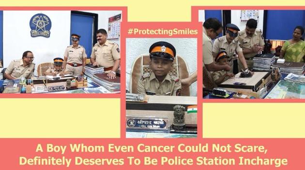 In a photo tweeted by Mumbai Police, the boy is seen dressed in the khaki uniform and sitting on a chair while a few policemen huddle him around and offer him a piece of cake.(Mumbai Police/Twitter)