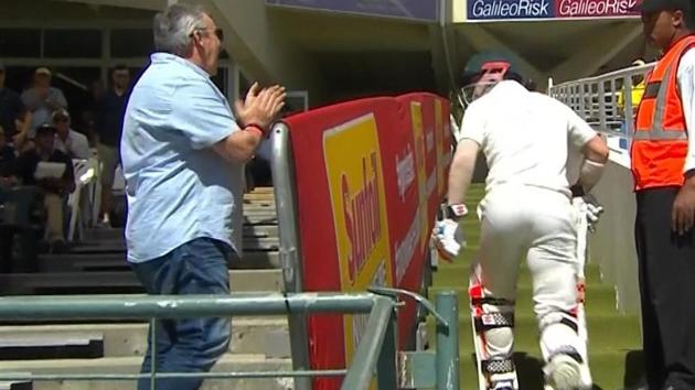 David Warner was involved in a verbal spat with a spectator after he was dismissed by Kagiso Rabada and the fan had to be eventually ejected from the venue. (Cricket Australia Twitter) David Warner was involved in a verbal spat with a spectator after he was dismissed by Kagiso Rabada and the fan had to be eventually ejected from the venue. (Cricket Australia Twitter)
