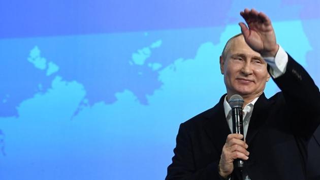 Russian President Vladimir Putin at a meeting with supporters in his campaign headquarters in Moscow on March 18.(REUTERS) Russian President Vladimir Putin at a meeting with supporters in his campaign headquarters in Moscow on March 18.(REUTERS)