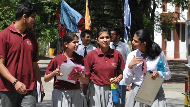 Students coming out of Kendriya Vidyalaya No2 after appearing in CBSE Class 12 computer science exam in Bhopal on Friday. (Mujeeb Faruqui/HT Photo)