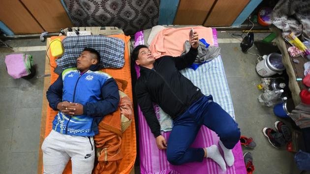 Pritam Singh and Roshi Kumar rest up after the day’s practice. The CRPF has at present 36 Sports disciplines and over 825 National level Sports persons, undergoing training under coaches, administrators and Sports Medicine Specialists. (Raj K Raj / HT Photo) Pritam Singh and Roshi Kumar rest up after the day’s practice. The CRPF has at present 36 Sports disciplines and over 825 National level Sports persons, undergoing training under coaches, administrators and Sports Medicine Specialists. (Raj K Raj / HT Photo)