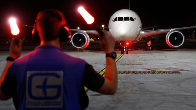 An Air India Boeing 787 arrives at Ben Gurion International Airport on the outskirts of Tel Aviv, on Thursday after crossing Saudi airspace en route its journey from New Delhi to Israel for the first time. (Jack Guez / AFP) An Air India Boeing 787 arrives at Ben Gurion International Airport on the outskirts of Tel Aviv, on Thursday after crossing Saudi airspace en route its journey from New Delhi to Israel for the first time. (Jack Guez / AFP)