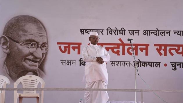 Social activist Anna Hazare on Friday started an indefinite hunger strike to press for his demand to appoint a Lokpal at the Centre, nearly seven years after his anti-corruption movement caught the imagination of millions of Indians and shook the then UPA government at Ramlila Maidan. (Sanchit Khanna / HT Photo) Social activist Anna Hazare on Friday started an indefinite hunger strike to press for his demand to appoint a Lokpal at the Centre, nearly seven years after his anti-corruption movement caught the imagination of millions of Indians and shook the then UPA government at Ramlila Maidan. (Sanchit Khanna / HT Photo)