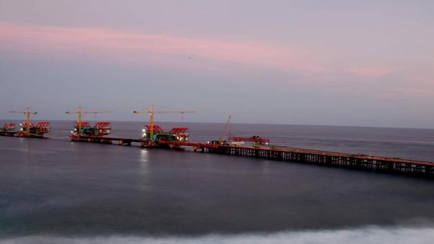 A general view of the Indian ocean and the under construction 'China Maldives Friendship Bridge', in Maldives' capital Male on February 8. (AFP File Photo) A general view of the Indian ocean and the under construction 'China Maldives Friendship Bridge', in Maldives' capital Male on February 8. (AFP File Photo)
