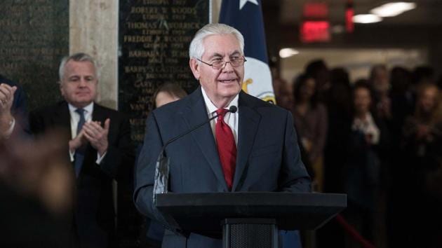 Outgoing US Secretary of Sate Rex Tillerson bids farewell to State Department staff at the State Department in Washington, DC, on March 22, 2018. (AFP) Outgoing US Secretary of Sate Rex Tillerson bids farewell to State Department staff at the State Department in Washington, DC, on March 22, 2018. (AFP)