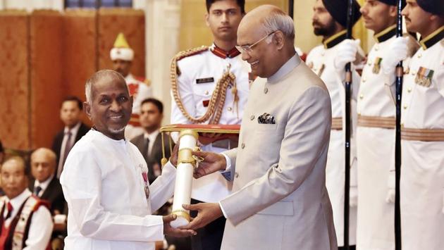 President Ram Nath Kovind confers Padma Vibhushan award to noted music composer Ilaiyaraaja at Rashtrapati Bhawan on Tuesday. (Ajay Aggarwal / HT Photo) President Ram Nath Kovind confers Padma Vibhushan award to noted music composer Ilaiyaraaja at Rashtrapati Bhawan on Tuesday. (Ajay Aggarwal / HT Photo)