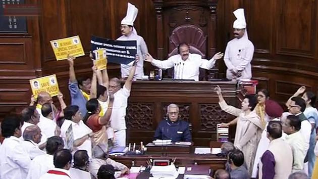 Rajya Sabha chairperson M Venkaiah Naidu gestures as opposition members protest during the on-going Budget Session of Rajya Sabha, at Parliament House in New Delhi on Thursday. (PTI File) Rajya Sabha chairperson M Venkaiah Naidu gestures as opposition members protest during the on-going Budget Session of Rajya Sabha, at Parliament House in New Delhi on Thursday. (PTI File)