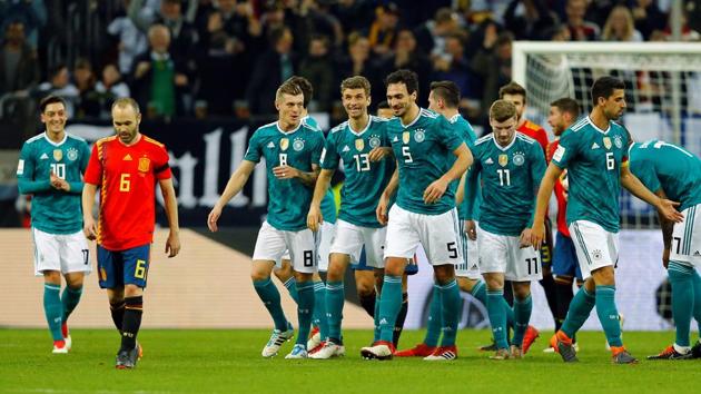 Germany’s Thomas Mueller celebrates with team mates after scoring their first goal against Spain in an international football friendly. (REUTERS) Germany’s Thomas Mueller celebrates with team mates after scoring their first goal against Spain in an international football friendly. (REUTERS)