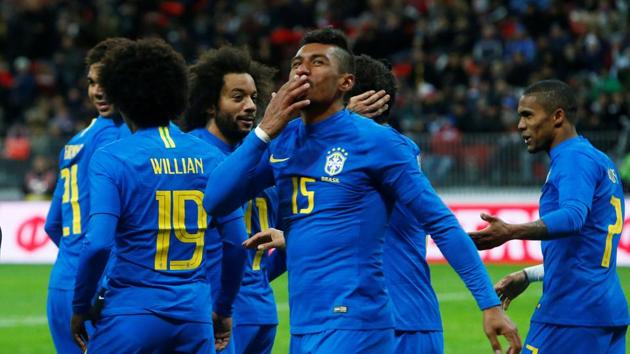 Brazil’s Paulinho celebrates scoring their third goal against Russia in an international football friendly. (REUTERS) Brazil’s Paulinho celebrates scoring their third goal against Russia in an international football friendly. (REUTERS)