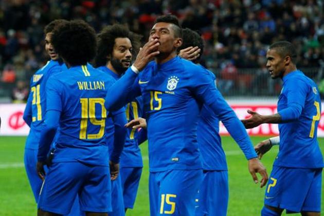 Brazil’s Paulinho celebrates scoring their third goal. (REUTERS) Brazil’s Paulinho celebrates scoring their third goal. (REUTERS)
