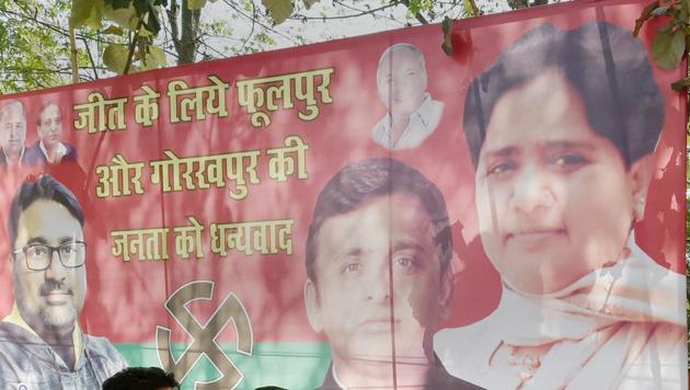 A poster of Bahujan Samaj Party supremo Mayawati and Samajwadi Party chief Akhilesh Yadav outside the Samajwadi Party’s office in Lucknow. (PTI File Photo) A poster of Bahujan Samaj Party supremo Mayawati and Samajwadi Party chief Akhilesh Yadav outside the Samajwadi Party’s office in Lucknow. (PTI File Photo)