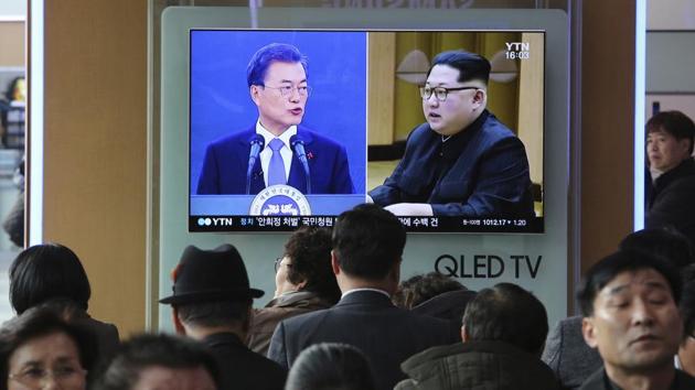 People watch a TV screen showing images of North Korean leader Kim Jong Un (right) and South Korean President Moon Jae-in, at the Seoul Railway Station in Seoul, South Korea. (AP File Photo) People watch a TV screen showing images of North Korean leader Kim Jong Un (right) and South Korean President Moon Jae-in, at the Seoul Railway Station in Seoul, South Korea. (AP File Photo)