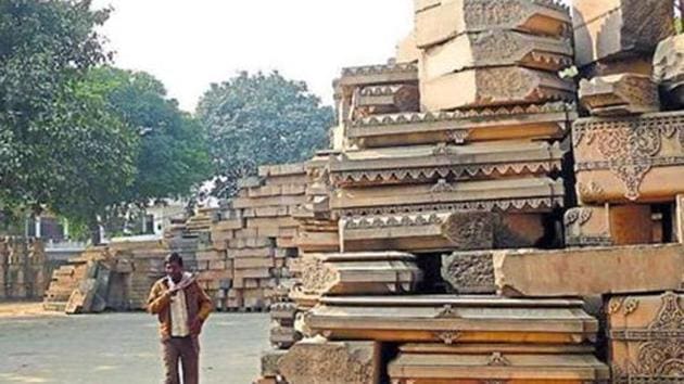 Stones at the disputed Ram Janmabhumi-Babri Masjid site in Ayodhya.(HT File Photo)