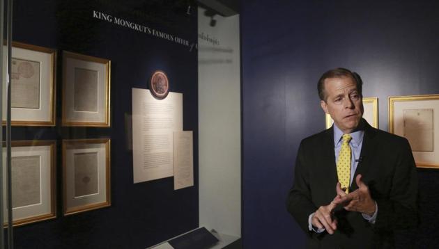 US Ambassador to Thailand Glynn Davies in front of hand-written letters from US President Abraham Lincoln and Thailand king Mongkut on display at the exhibition titled Great and Good Friends inside Grand Palace in Bangkok, Thailand. (AP) US Ambassador to Thailand Glynn Davies in front of hand-written letters from US President Abraham Lincoln and Thailand king Mongkut on display at the exhibition titled Great and Good Friends inside Grand Palace in Bangkok, Thailand. (AP)