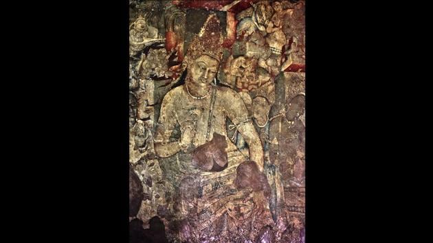 Pawar says it’s difficult to comprehend the storylines in the murals, many of which use cinematic flashback style in their damaged state. This broken narrative of Ajanta murals troubled him even while at art college when his saw ‘Padmapani’ (pictured) – in cave number 1. The mural shows the Bodhisattva with curly hair, in a meditative state. In his right hand, he holds a lotus blossom representing spiritual awakening. (Ajay Aggarwal / HT Photo) Pawar says it’s difficult to comprehend the storylines in the murals, many of which use cinematic flashback style in their damaged state. This broken narrative of Ajanta murals troubled him even while at art college when his saw ‘Padmapani’ (pictured) – in cave number 1. The mural shows the Bodhisattva with curly hair, in a meditative state. In his right hand, he holds a lotus blossom representing spiritual awakening. (Ajay Aggarwal / HT Photo)
