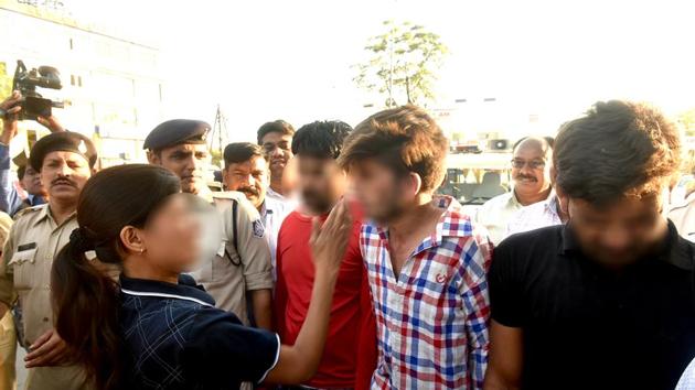 Police arrested four men accused of raping a woman and paraded them through Bhopal’s streets.(HT Photo) Police arrested four men accused of raping a woman and paraded them through Bhopal’s streets.(HT Photo)