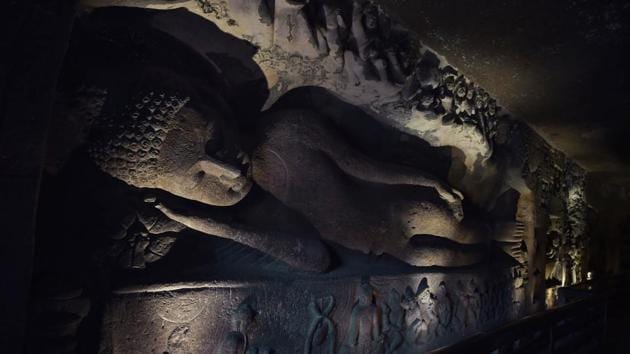 The ASI’s Ajanta team does two types of restoration at the site: structural and chemical. It ensures the structural stability of the caves, waterproofs them and also monitors temperature and humidity inside. However, conservation principles do not allow any restoration of missing portions of the paintings, something which Pawar can do digitally in his photographs. (Ajay Aggarwal / HT Photo) 