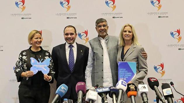 First Lady of Panama Lorena Castillo de Varela, Jordan's Prince Ali Bin Al Hussein, Nobel Laureate Kailash Satyarthi and President- Robert F. Kennedy Human Rights Kerry Kennedy during a press conference ahead of Second Laureates and Leaders for Children Summit 2018, in Jordan on March 24. (PTI Photo)