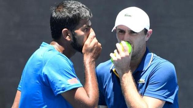 Rohan Bopanna of India (L) and Edouard Roger-Vasselin of France crashed out of the Miami Open on Sunday. (Getty Images) Rohan Bopanna of India (L) and Edouard Roger-Vasselin of France crashed out of the Miami Open on Sunday. (Getty Images)