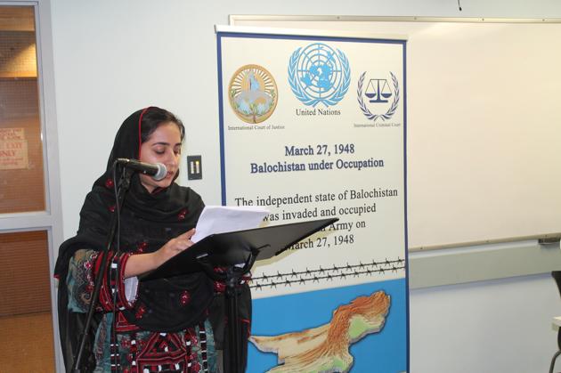 Activist Karima Baloch speaking at a Toronto event marking 70 years of Pakistan’s ‘occupation’ of Balochistan.
