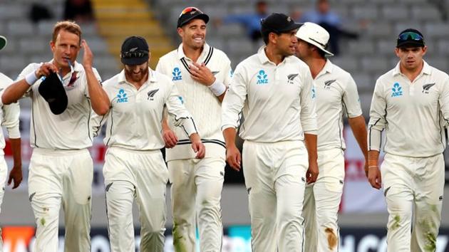 New Zealand cricketers celebrate after beating England in the first Test encounter in Auckland on Monday. (REUTERS) New Zealand cricketers celebrate after beating England in the first Test encounter in Auckland on Monday. (REUTERS)