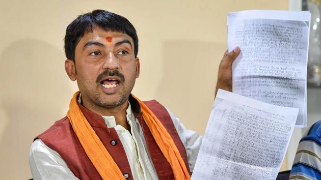 Union minister of state Ashwini Kumar Choubey's son and RSS leader Arijit Shashwat addresses a press conference in relation to allegations against him for triggering communal violence in Patna on Wednesday. (PTI Photo) Union minister of state Ashwini Kumar Choubey's son and RSS leader Arijit Shashwat addresses a press conference in relation to allegations against him for triggering communal violence in Patna on Wednesday. (PTI Photo)