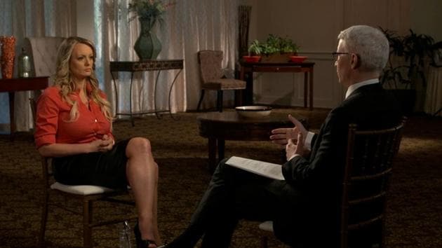 Stormy Daniels, an adult film star and director whose real name is Stephanie Clifford is interviewed by Anderson Cooper of CBS News' 60 Minutes program in early March 2018, in a still image from video provided March 25, 2018.(REUTERS Photo)