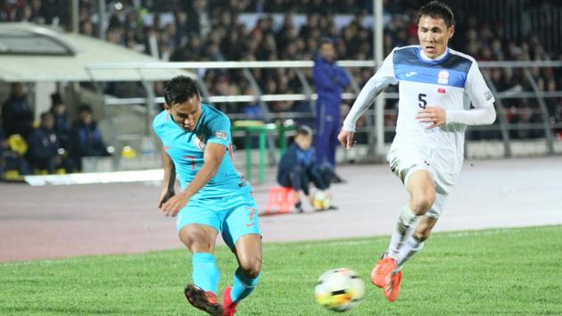 Jeje Lalpekhlua scored for India but they could not avoid a defeat to Kyrgyzstan in the AFC Asian Cup qualifying.(HT Photo)