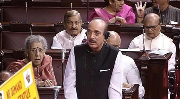Leader of Opposition Ghulam Nabi Azad speaks in the Rajya Sabha during the budget session of Parliament, in New Delhi on Tuesday.(PTI Photo)