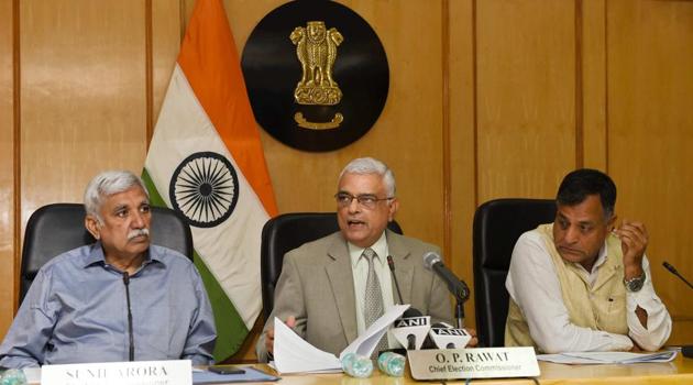 Chief Election Commissioner O P Rawat with Election Commissioners Ashok Lavasa and Sunil Arora announced the schedule for Karnataka elections at a press conference in New Delhi on Tuesday. Voting for the Assembly elections in Karnataka will be held on May 12 with the results being declared on the May 15. (Subhav Shukla / PTI) Chief Election Commissioner O P Rawat with Election Commissioners Ashok Lavasa and Sunil Arora announced the schedule for Karnataka elections at a press conference in New Delhi on Tuesday. Voting for the Assembly elections in Karnataka will be held on May 12 with the results being declared on the May 15. (Subhav Shukla / PTI)