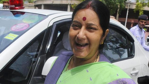 BJP leader Sushma Swaraj at the Parliament House in New Delhi.(HT File Photo)