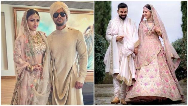 It might have been a coincidence, but we can’t help but be reminded of actor Anushka Sharma’s wedding lehenga when we look at the lehenga actor Soha Ali Khan wore. (Instagram)