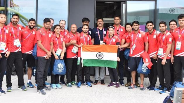 Members of the Indian contingent after reaching Gold Coast for the Commonwealth Games 2018.(HT Photo)