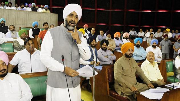 Punjab finance minister Manpreet Singh Badal replying to the debate on the budget in the state assembly in Chandigarh on Wednesday. (Keshav Singh/HT) Punjab finance minister Manpreet Singh Badal replying to the debate on the budget in the state assembly in Chandigarh on Wednesday. (Keshav Singh/HT)